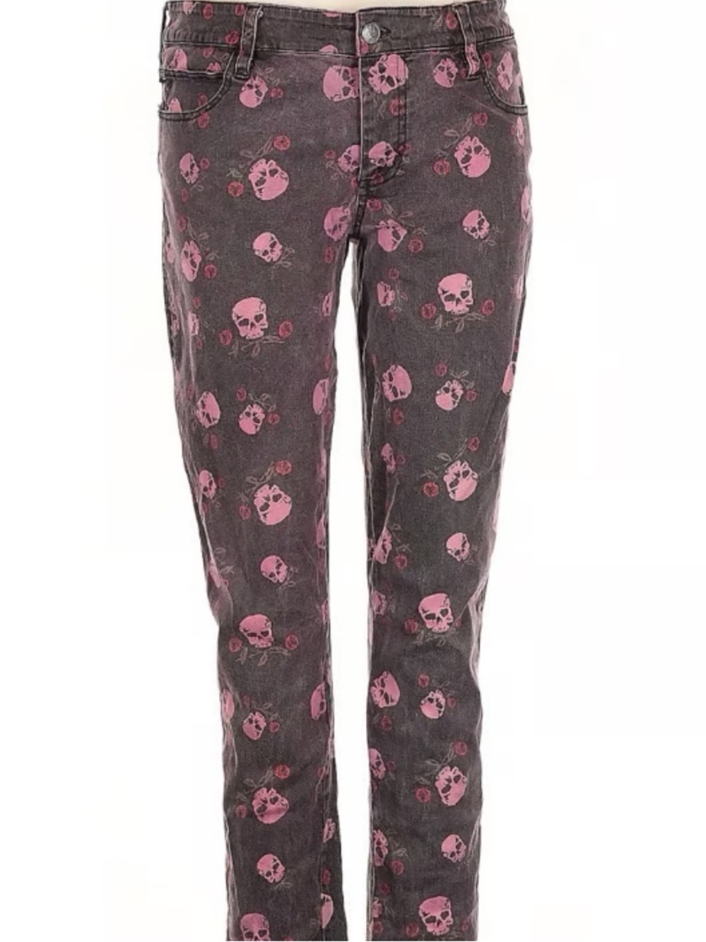 Royal Bones Pink Skull Red Rose Print brown grey washed denim jeans alt goth